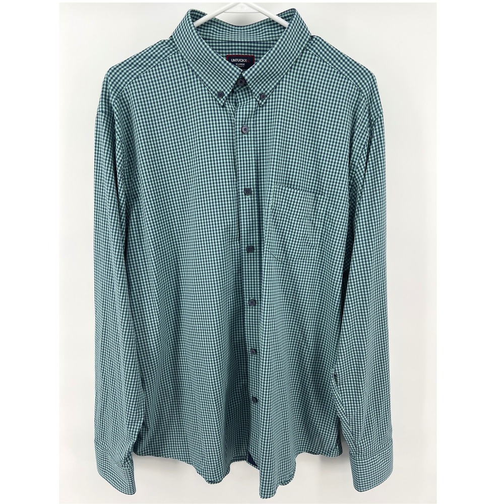 UNTUCKit Mens XL Shirt Green Navy Gingham Performance Stretch Button Down